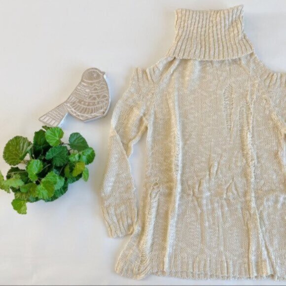 Easel | Bethany Distressed Destructed Cold Shoulder Sweater Tunic Cream Medium - Picture 5 of 14